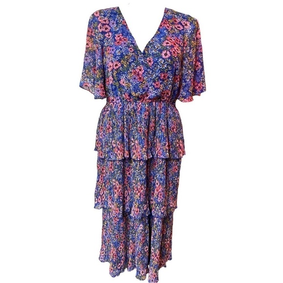 ASOS DESIGN wrap front tiered pleated midi dress in navy flirty floral Size 14 - Picture 3 of 11